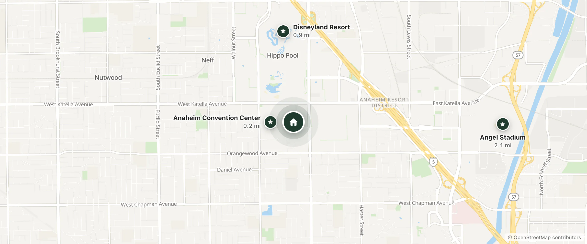 Map of Hilton Anaheim and nearby Anaheim Convention Center, Disneyland Resort and Angel Stadium