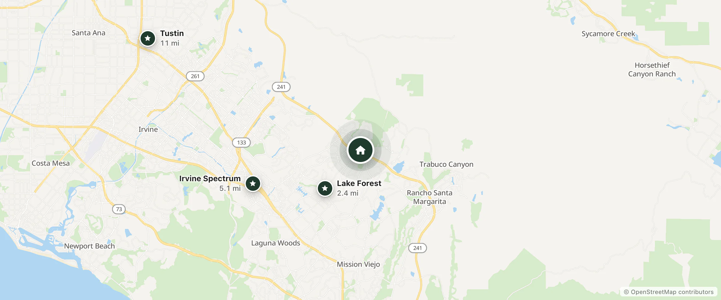 Map of Hampton Inn Irvine East and nearby Lake Forest, Irvine Spectrum and Tustin