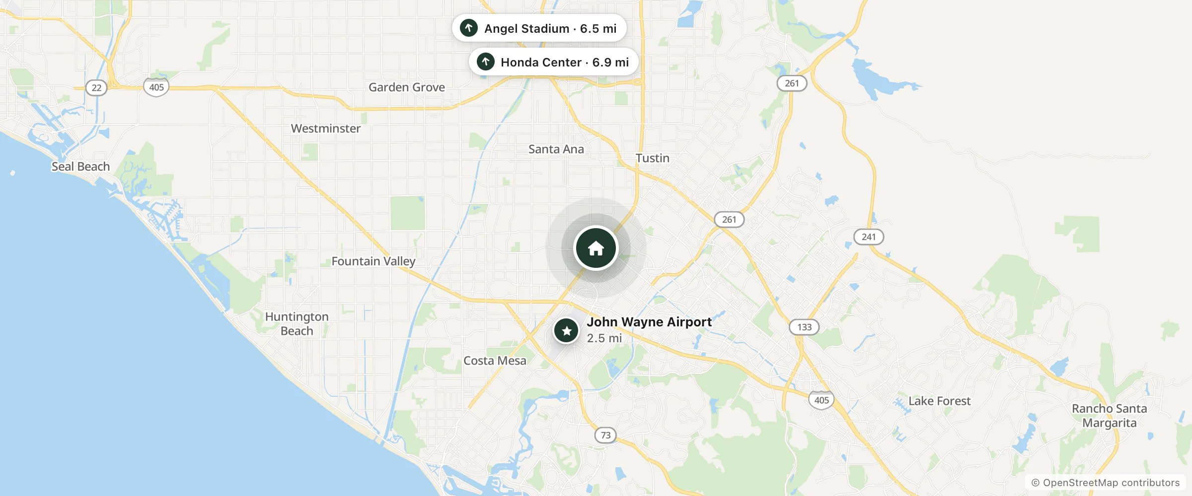 Map of Embassy Suites by Hilton Santa Ana Orange County Airport and nearby John Wayne Airport, Angel Stadium and Honda Center