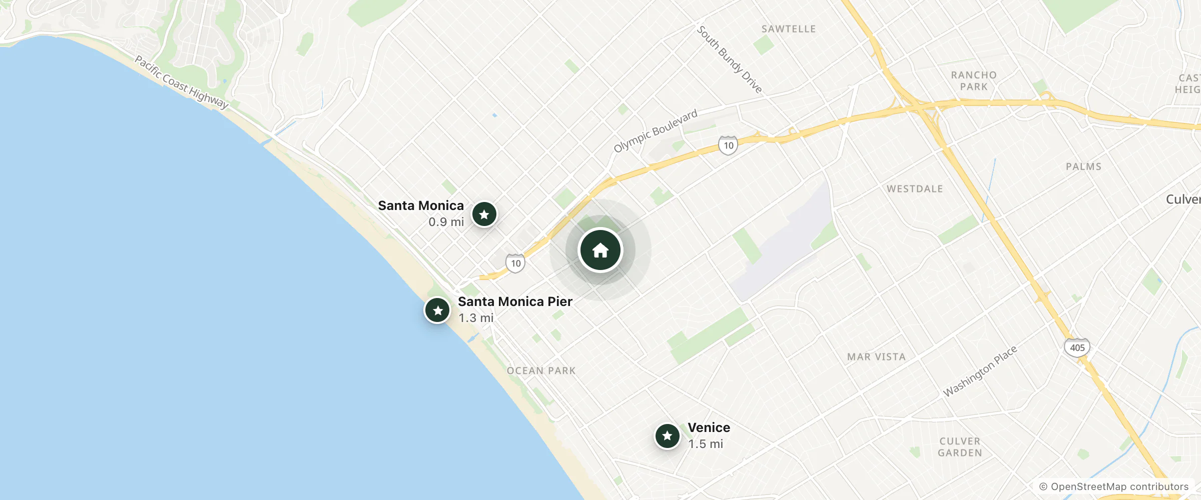 Map of Palm Motel and nearby Santa Monica, Santa Monica Pier and Venice