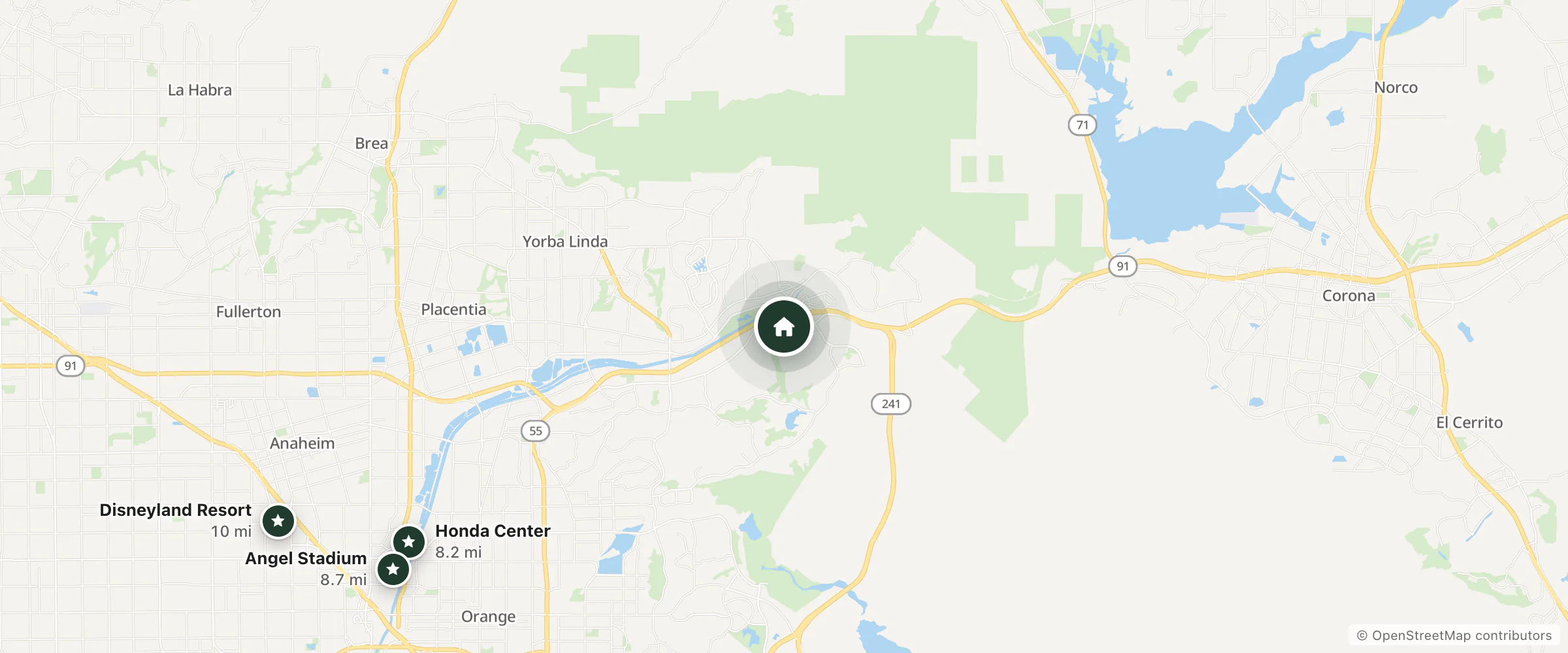 Map of Residence Inn and nearby Honda Center, Angel Stadium and Disneyland Resort