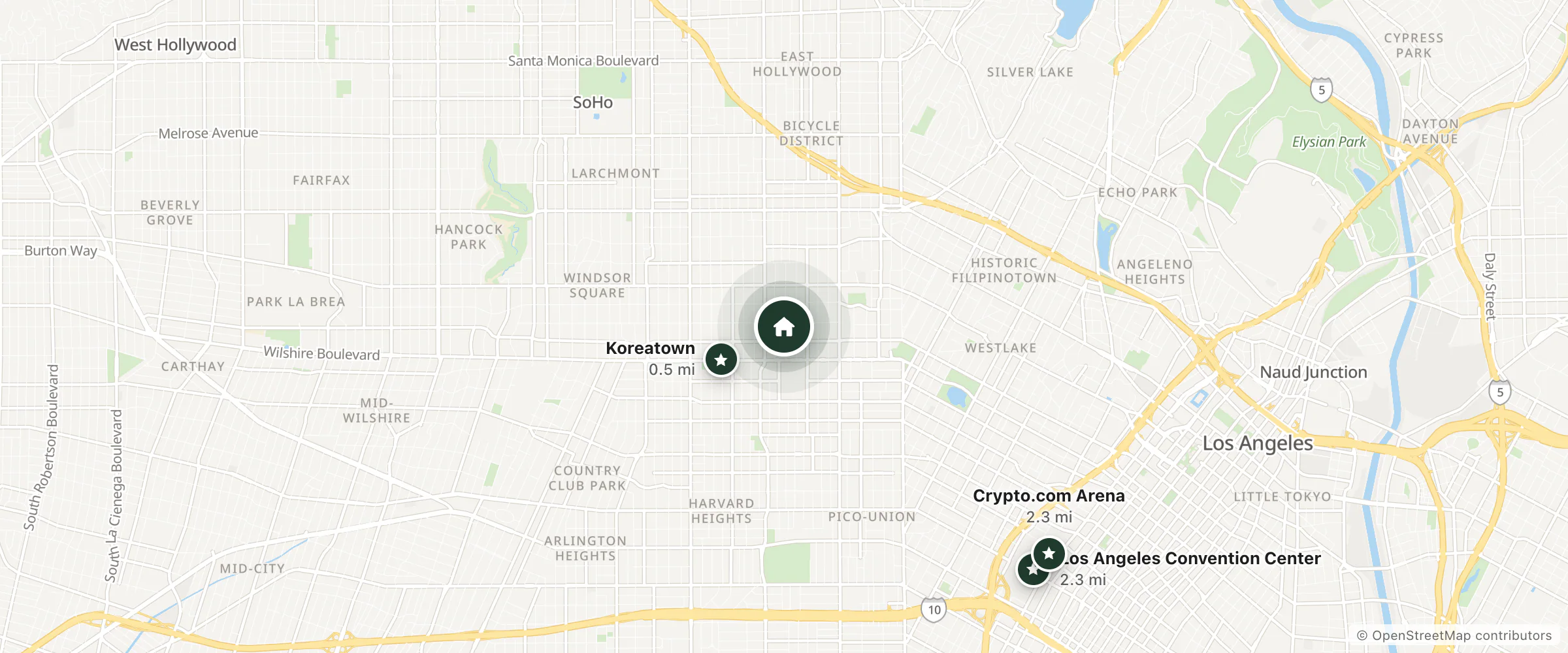 Map of Golden Tower Motel and nearby Koreatown, Los Angeles Convention Center and Crypto.com Arena