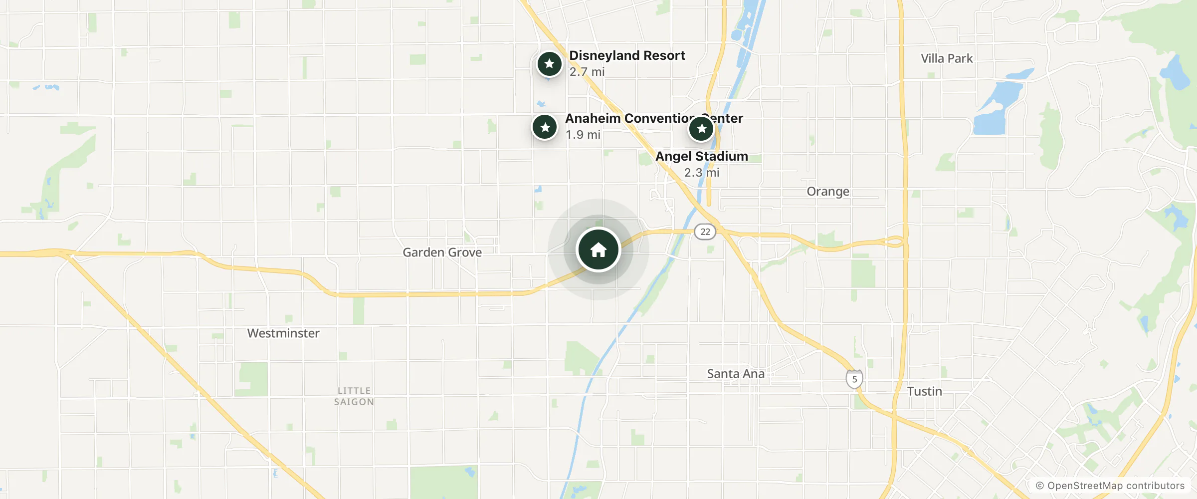 Map of Sonesta Simply Suites Anaheim and nearby Anaheim Convention Center, Angel Stadium and Disneyland Resort