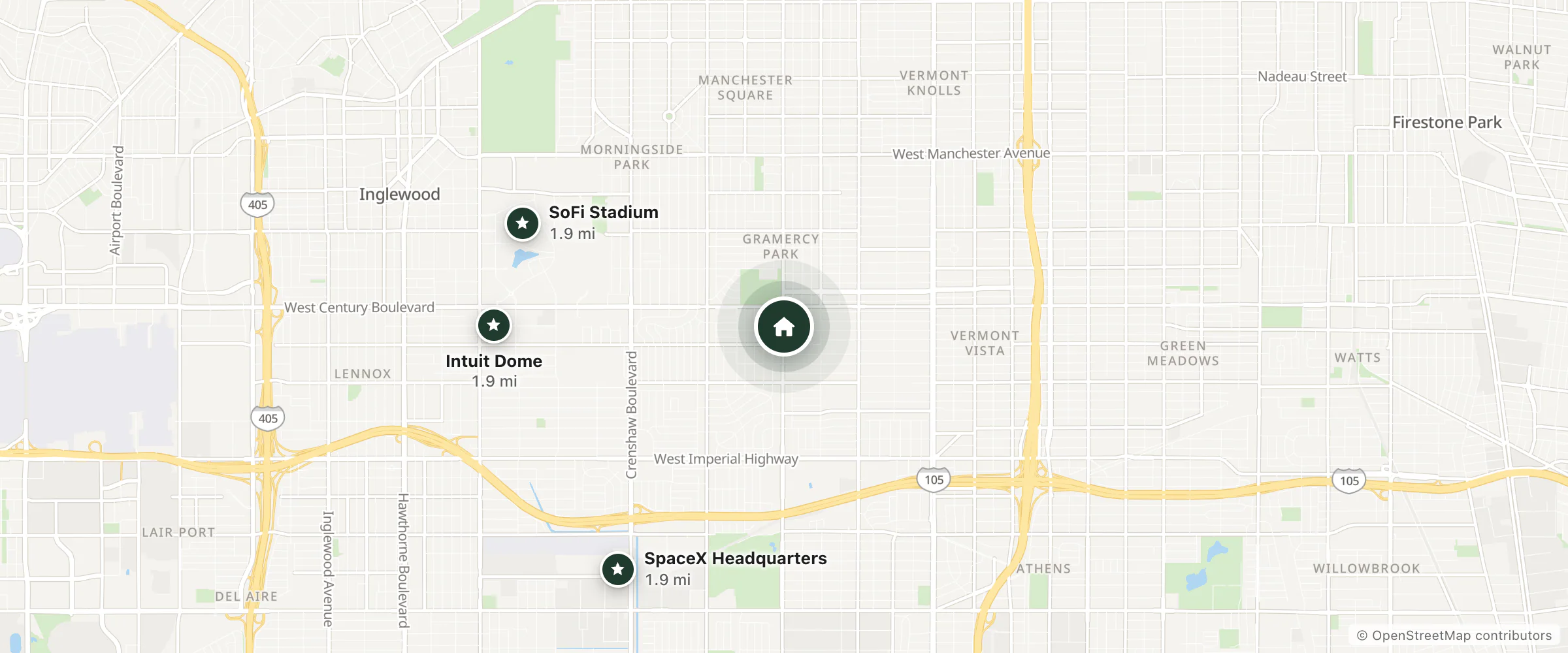 Map of Anand Motel and nearby SoFi Stadium, Intuit Dome and SpaceX Headquarters
