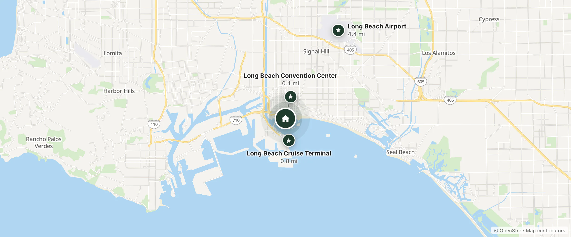 Map of Hyatt Regency Long Beach and nearby Long Beach Convention Center, Long Beach Cruise Terminal and Long Beach Airport
