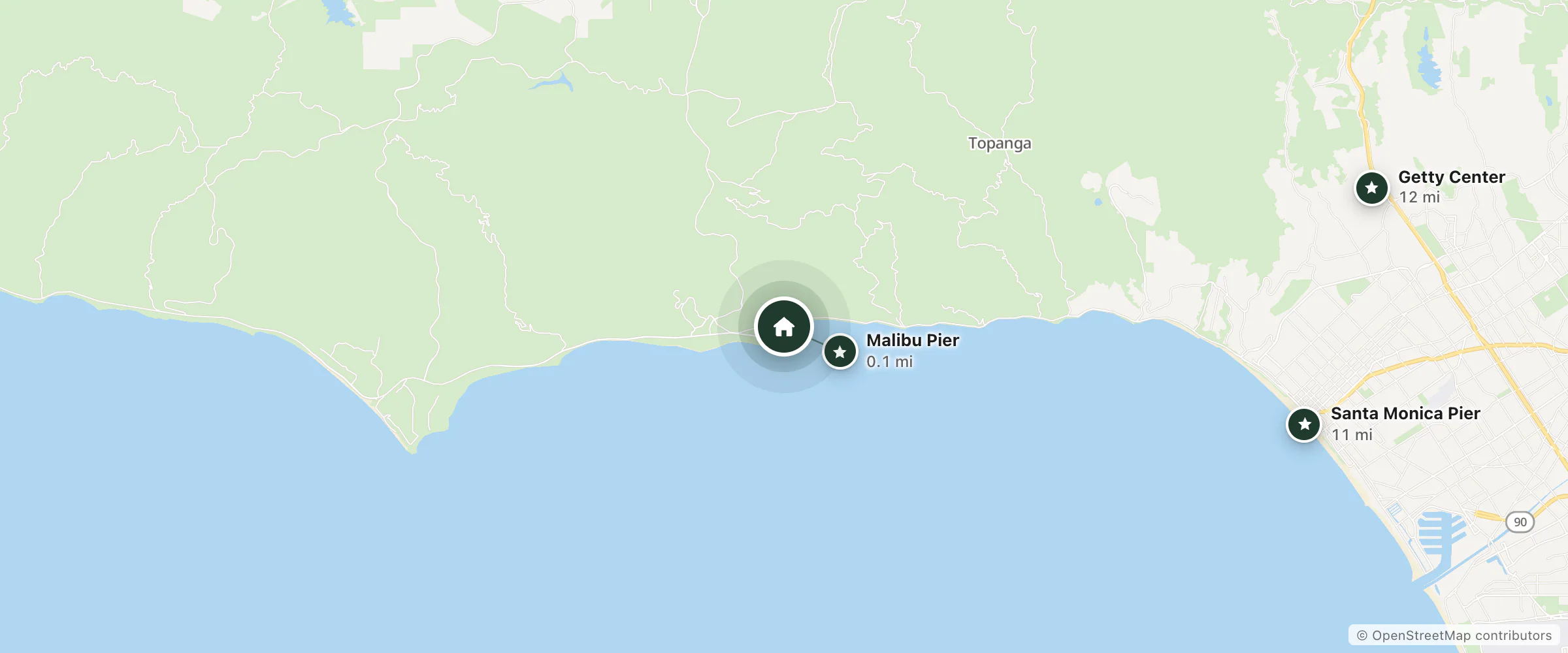 Map of The Surfrider Malibu and nearby Malibu Pier, Santa Monica Pier and Getty Center