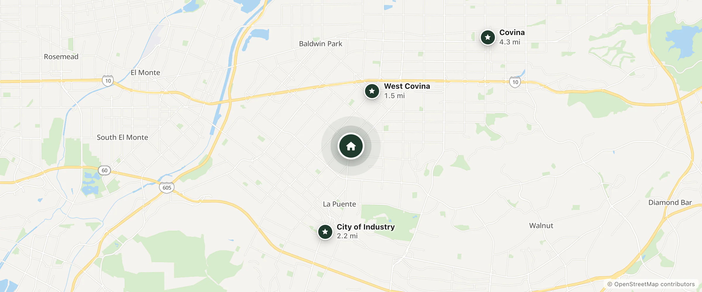 Map of Budget Inn La Puente and nearby West Covina, City of Industry and Covina