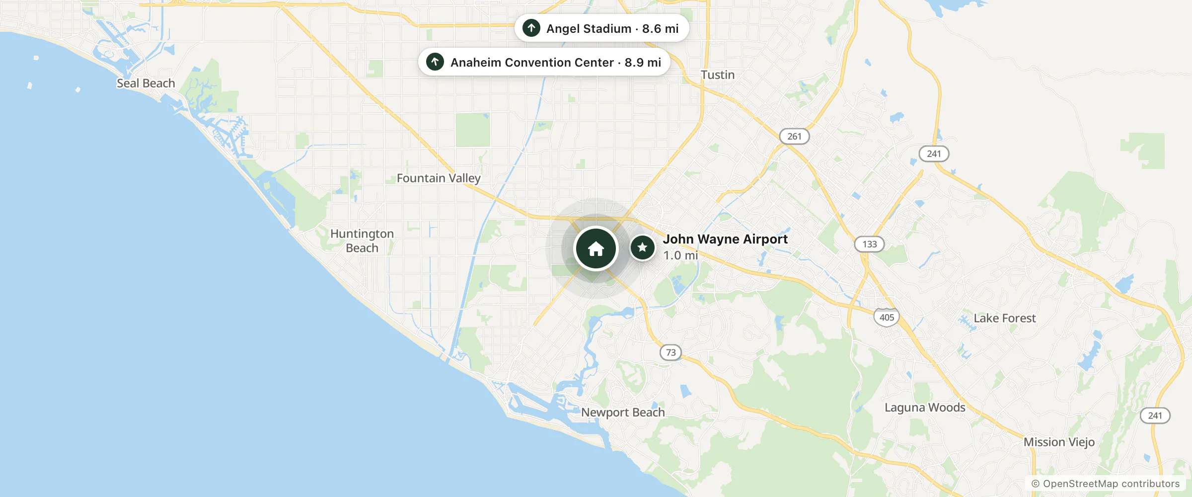 Map of Burba Hotel Network and nearby John Wayne Airport, Angel Stadium and Anaheim Convention Center