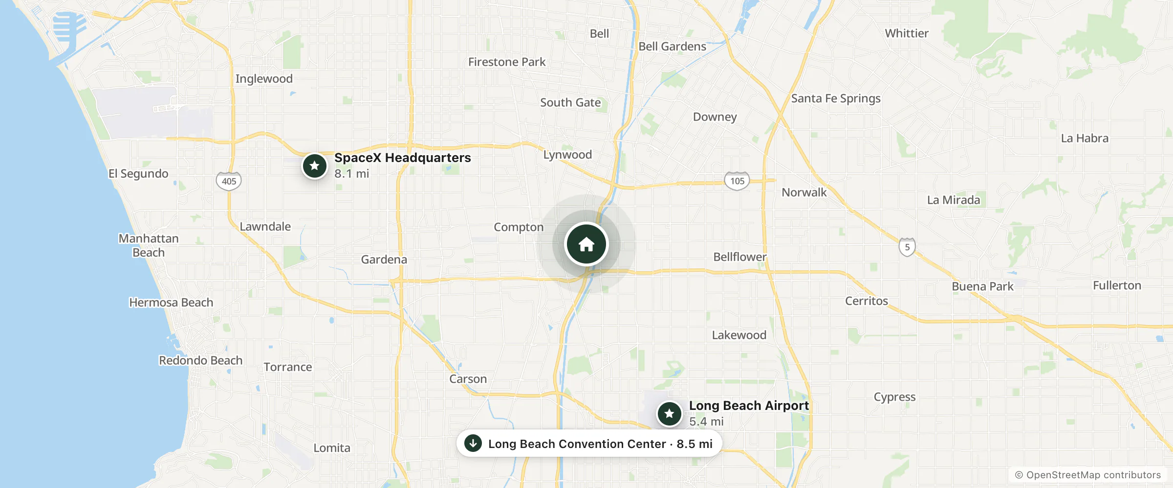 Map of Bronco Motor Inn and nearby Long Beach Airport, SpaceX Headquarters and Long Beach Convention Center