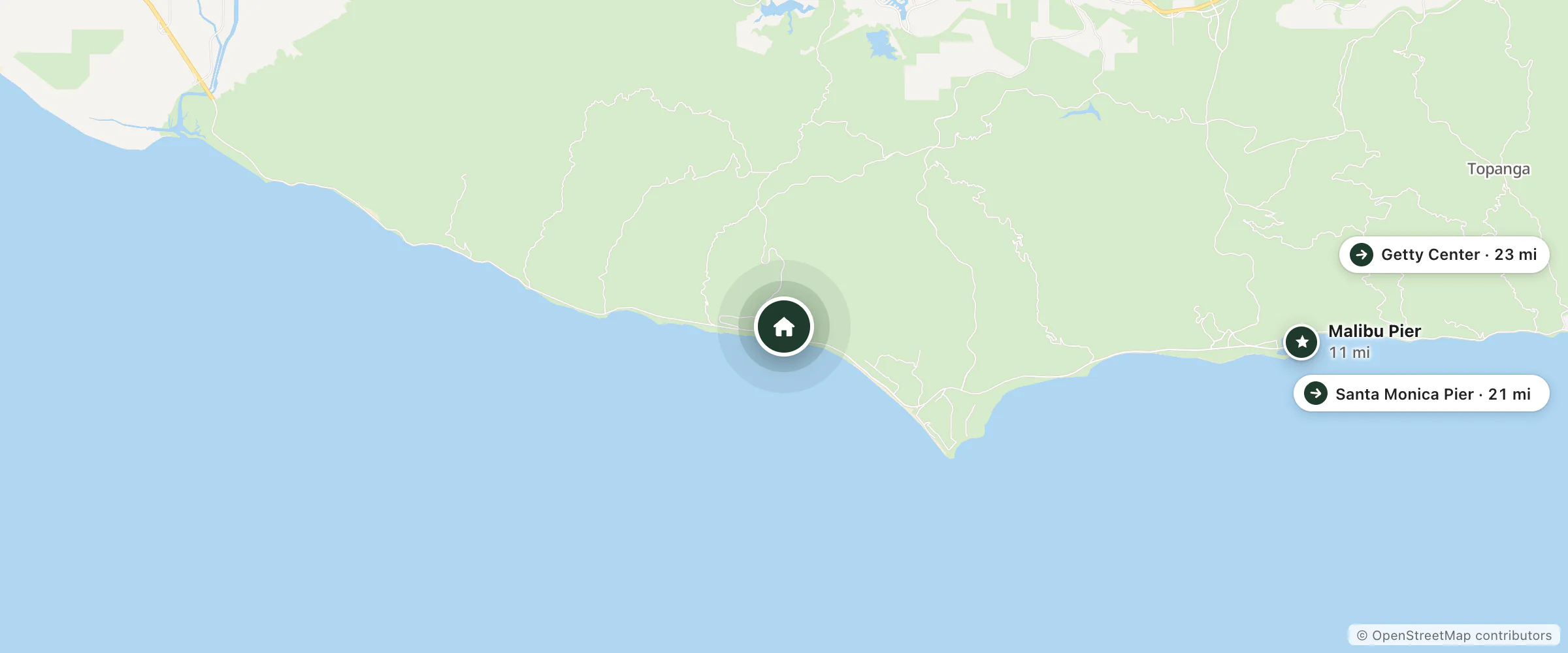 Map of Zuma Sanctuary and nearby Malibu Pier, Santa Monica Pier and Getty Center