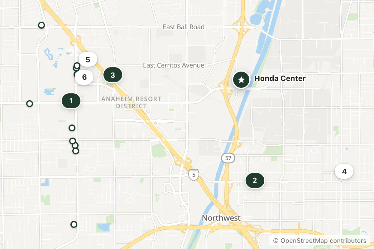 Map of the top 17 hotels for this question around Honda Center