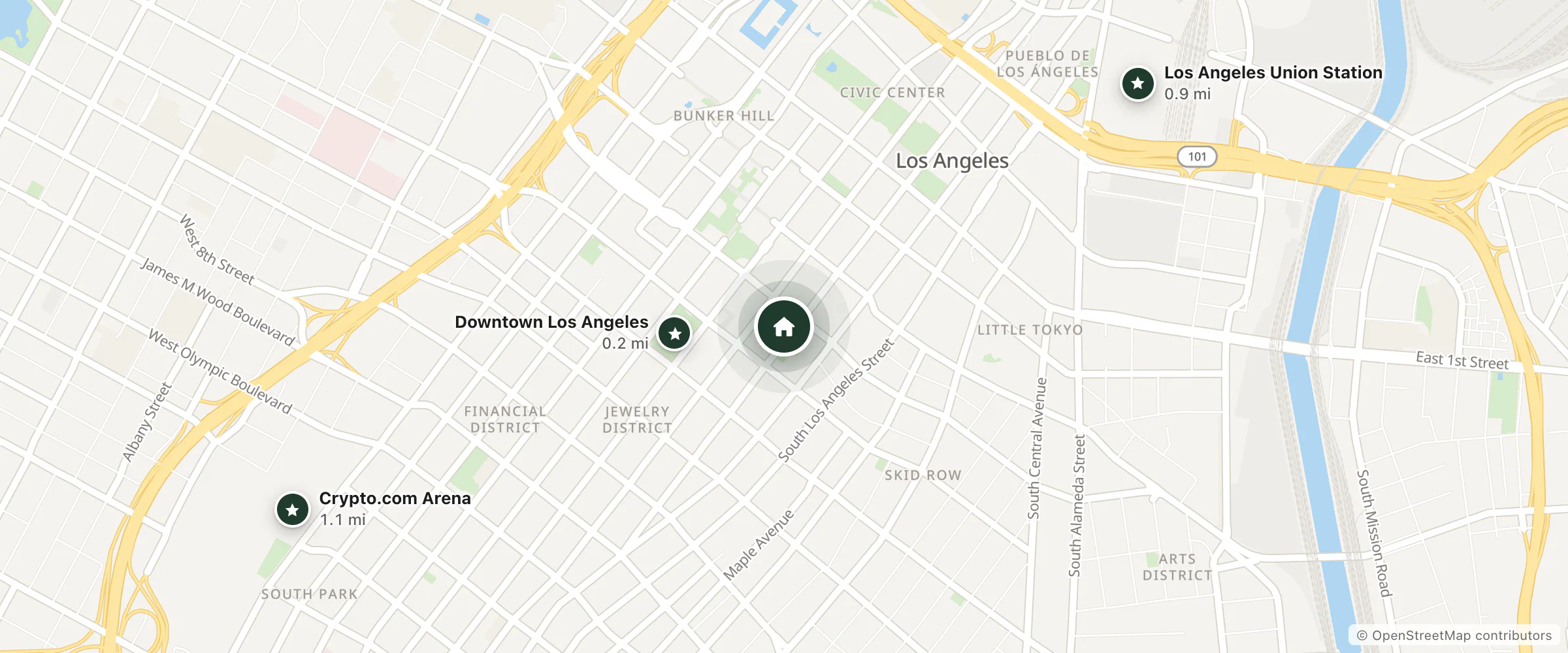 Map of Cambria Hotel Los Angeles Downtown and nearby Downtown Los Angeles, Los Angeles Union Station and Crypto.com Arena