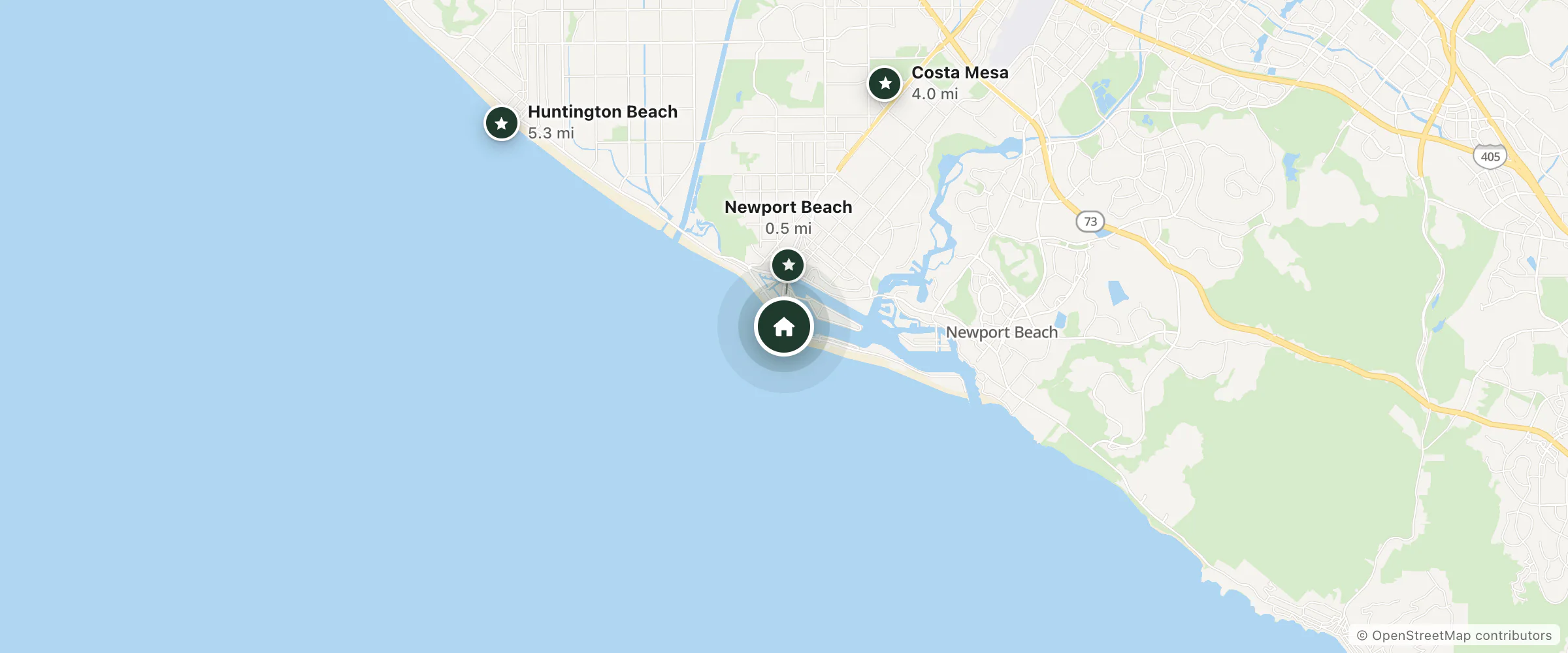 Map of Newport Beach Hotel and nearby Newport Beach, Costa Mesa and Huntington Beach