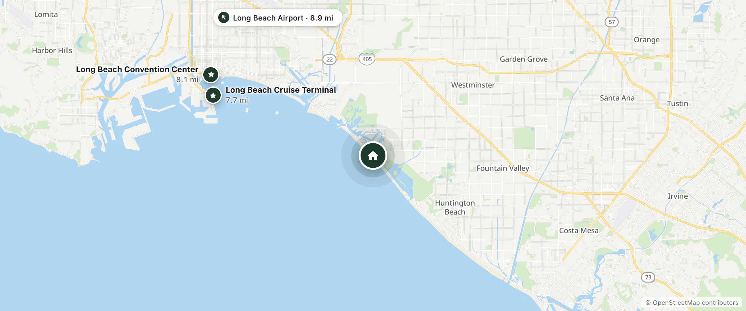 Map of Ramada Sunset Beach and nearby Long Beach Cruise Terminal, Long Beach Convention Center and Long Beach Airport