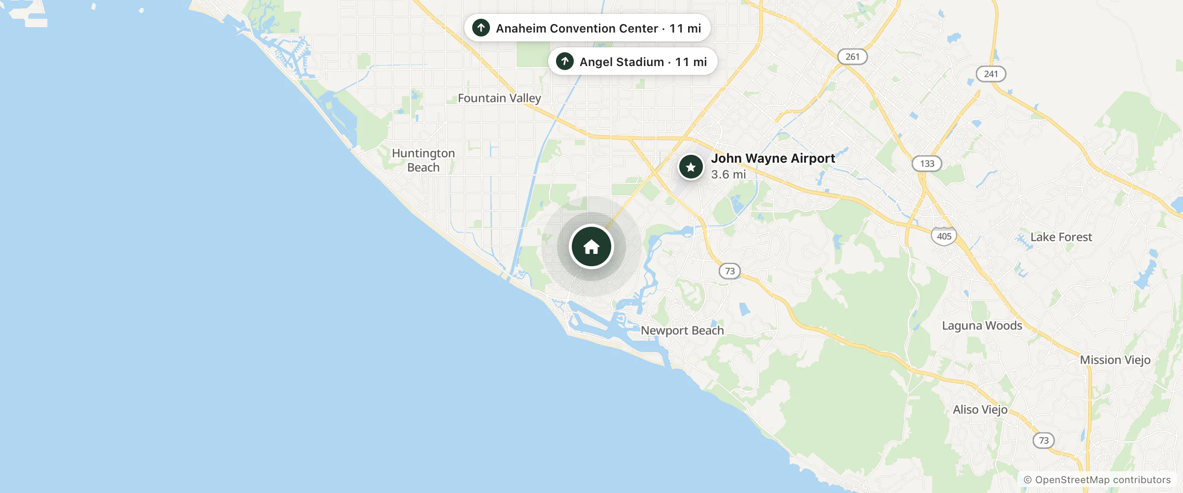 Map of hotel and nearby John Wayne Airport, Anaheim Convention Center and Angel Stadium