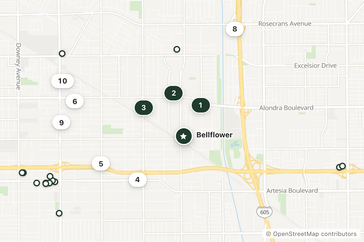 Map of the top 24 hotels for this question around Bellflower