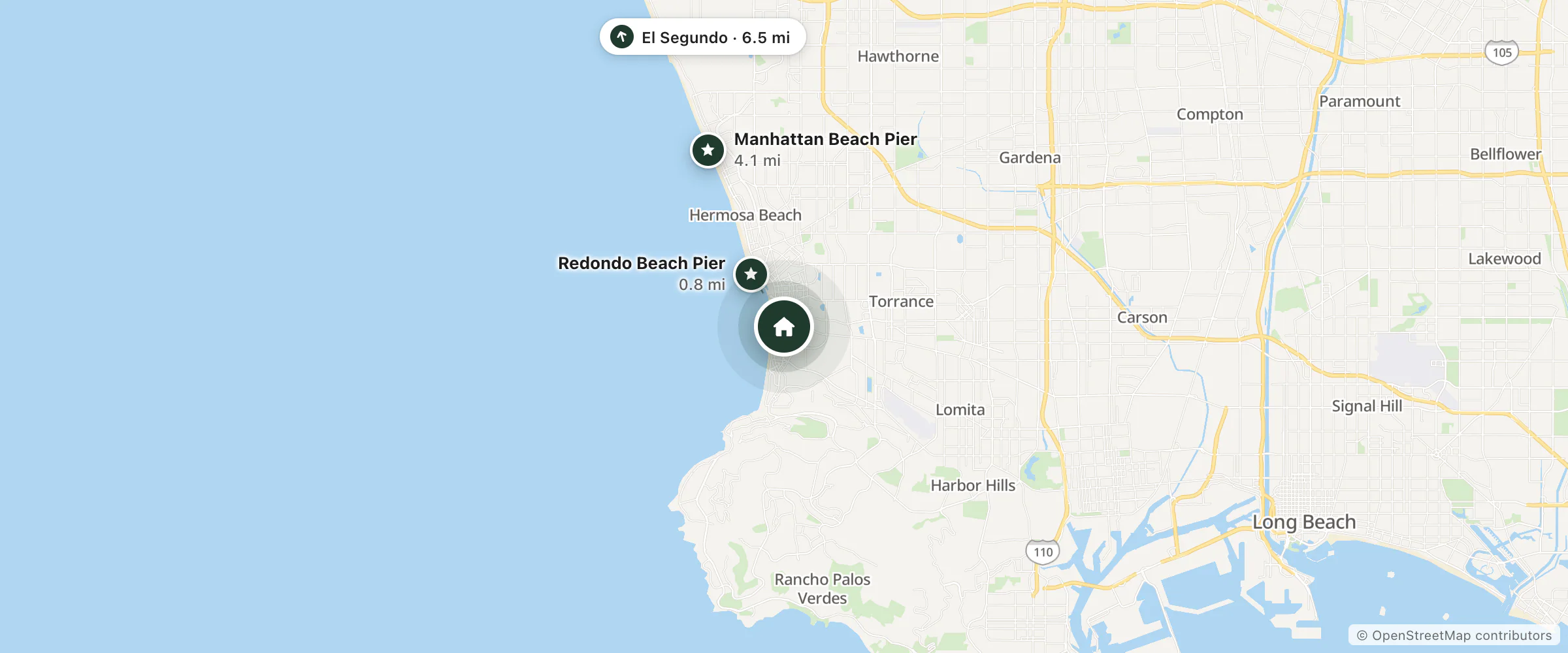 Map of Pacific Coast Inn Redondo Beach and nearby Redondo Beach Pier, Manhattan Beach Pier and El Segundo
