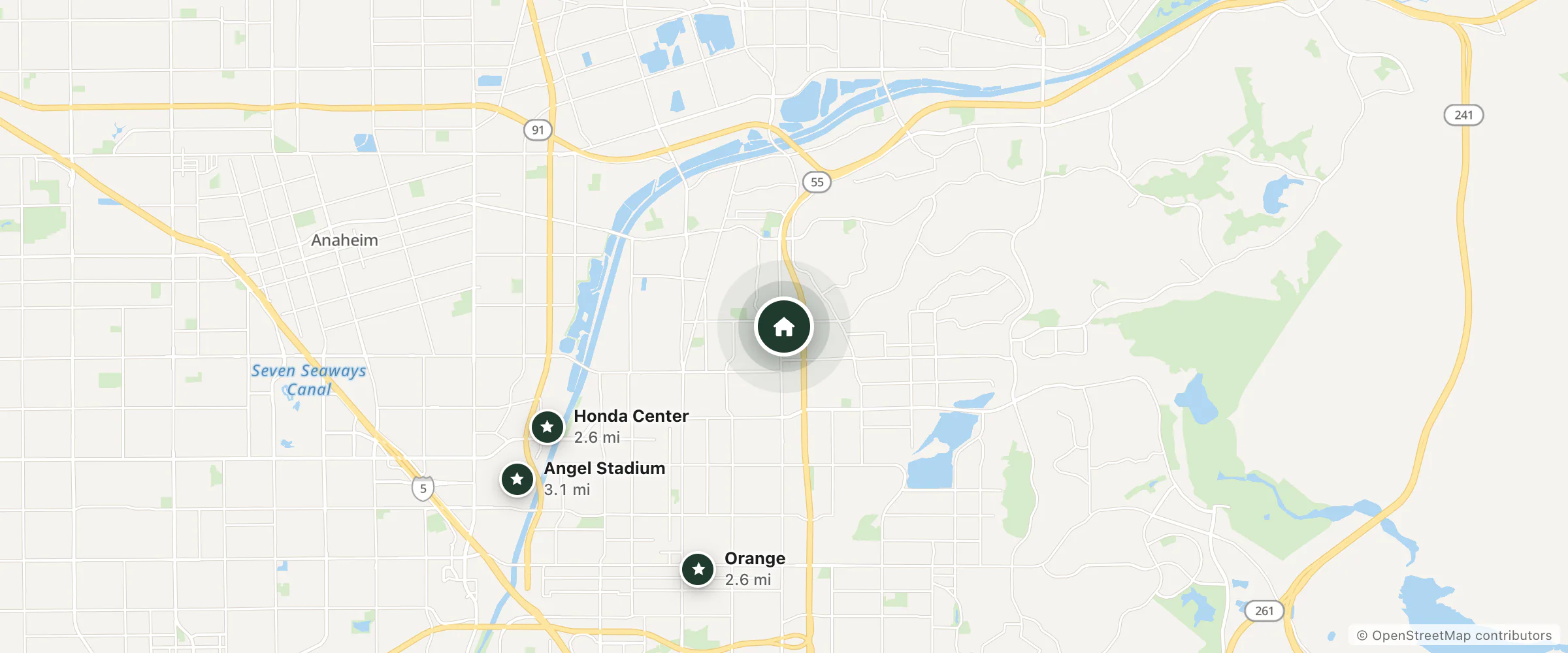 Map of Villa Park Motel and nearby Honda Center, Orange and Angel Stadium
