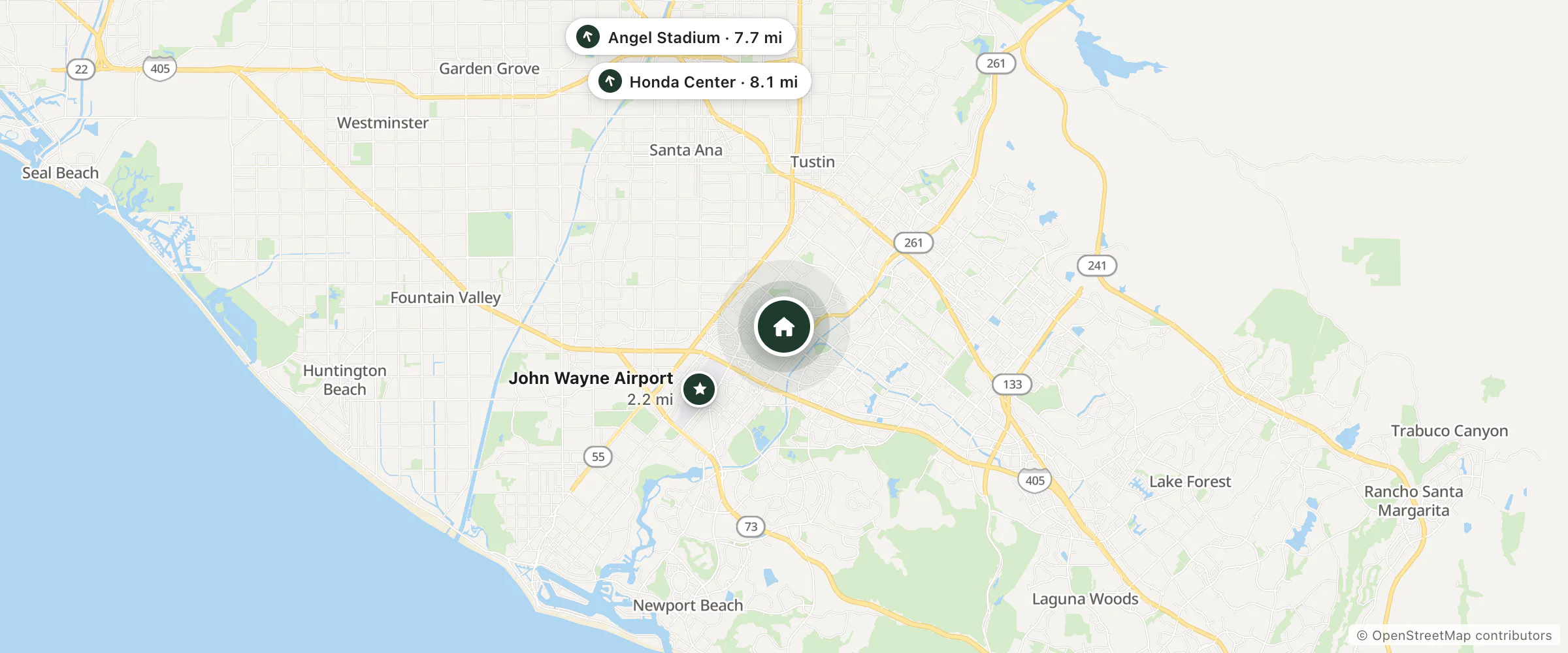 Map of Marriott International and nearby John Wayne Airport, Angel Stadium and Honda Center