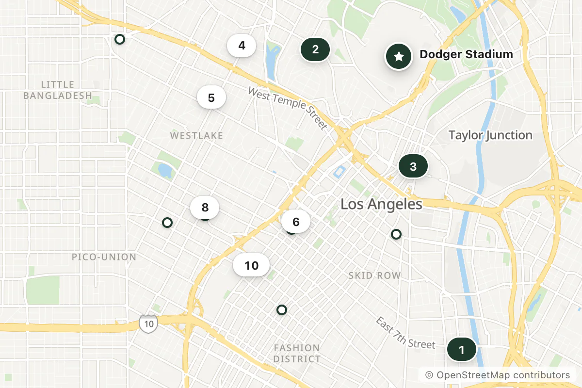 Map of the top 14 hotels for this question around Dodger Stadium