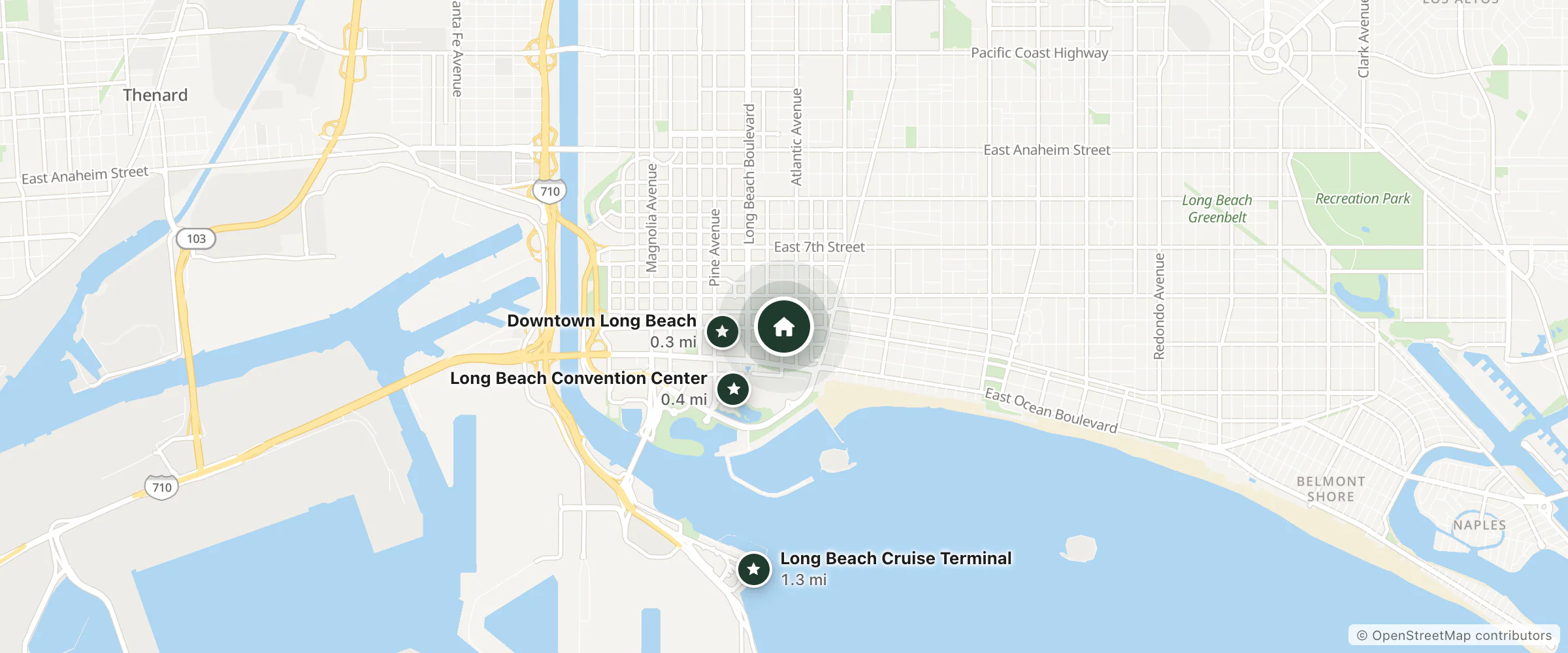 Map of Hotel Metropolitan Long Beach and nearby Downtown Long Beach, Long Beach Convention Center and Long Beach Cruise Terminal
