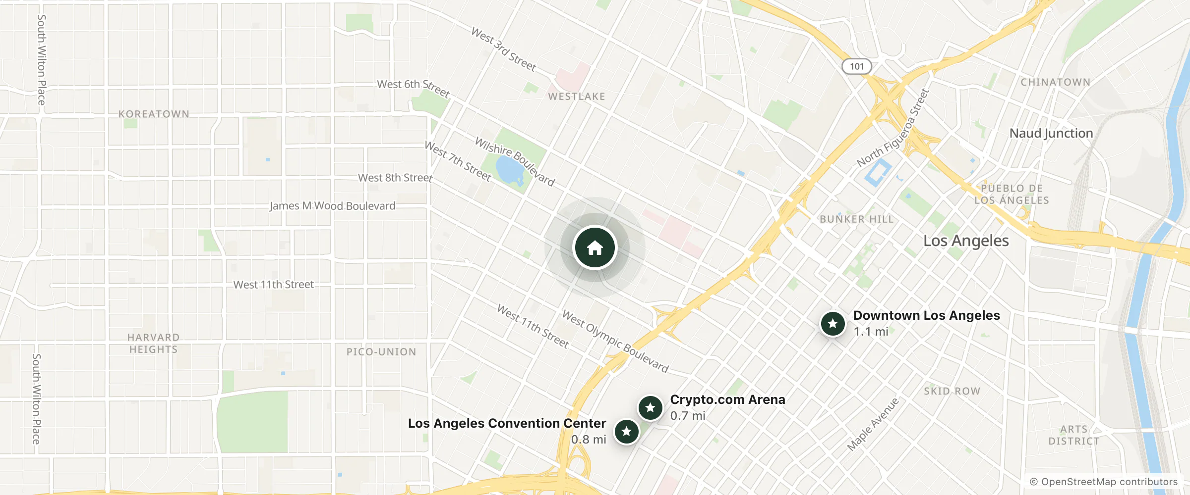 Map of Stuart Hotel and nearby Crypto.com Arena, Los Angeles Convention Center and Downtown Los Angeles