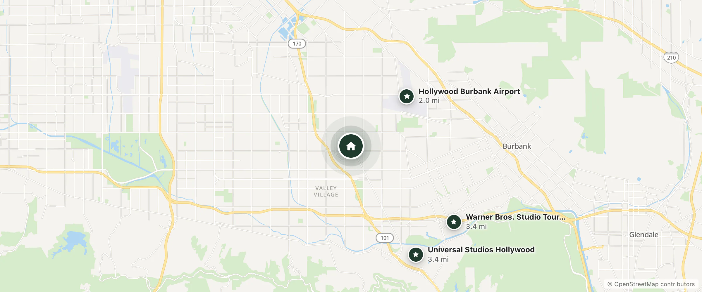 Map of Flamingo Motel and nearby Hollywood Burbank Airport, Universal Studios Hollywood and Warner Bros. Studio Tour Hollywood