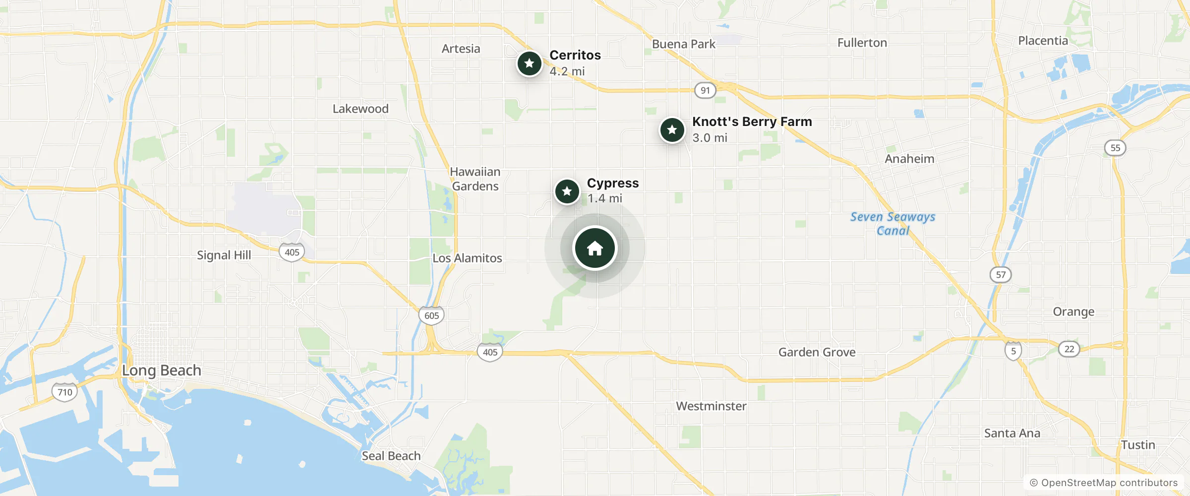 Map of Extended Stay America and nearby Cypress, Knott's Berry Farm and Cerritos