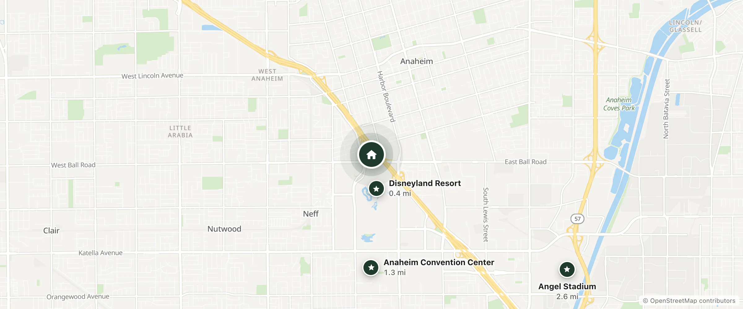 Map of Anaheim Majestic Garden Hotel and nearby Disneyland Resort, Anaheim Convention Center and Angel Stadium