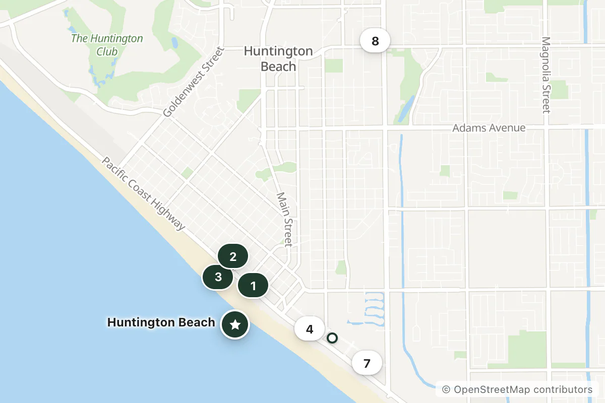 Map of the top 8 hotels for this question around Huntington Beach