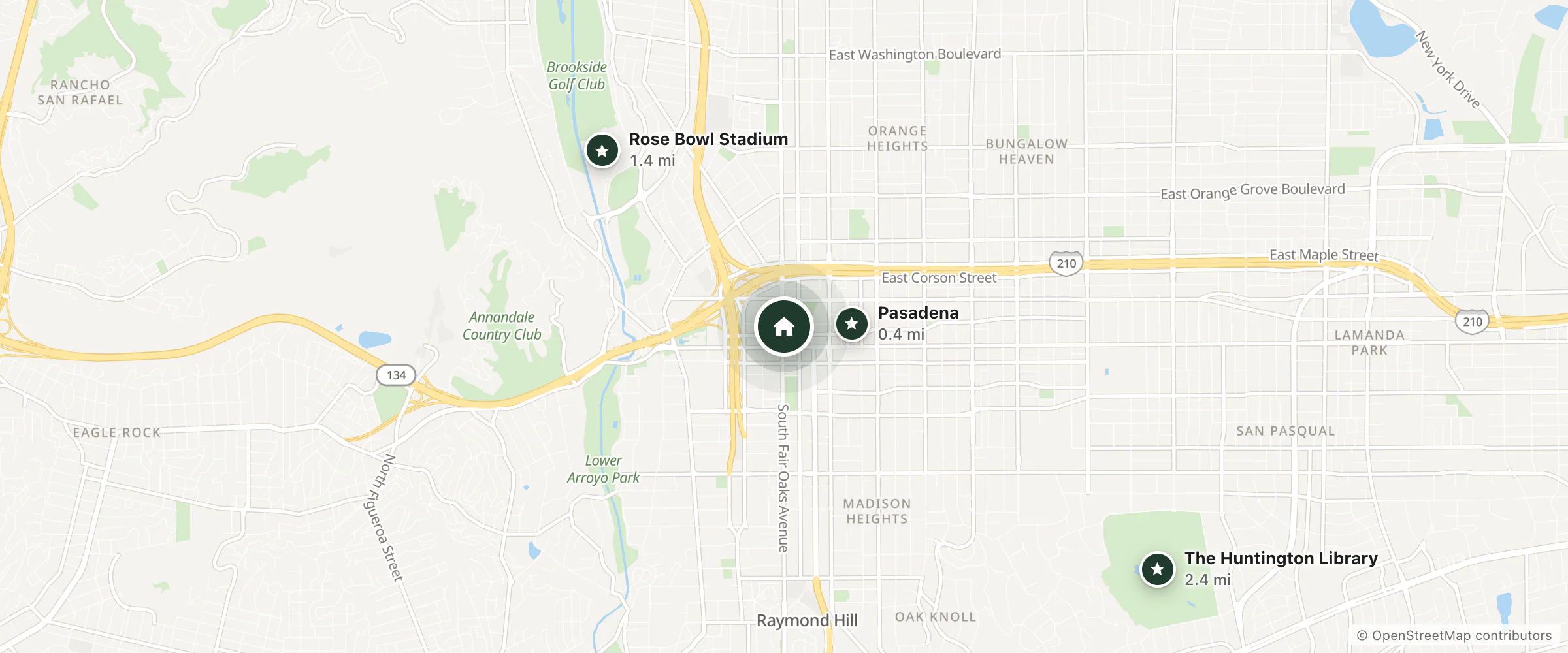 Map of Pasadena Hotel Old Towne Bed & Breakfast and nearby Pasadena, Rose Bowl Stadium and The Huntington Library