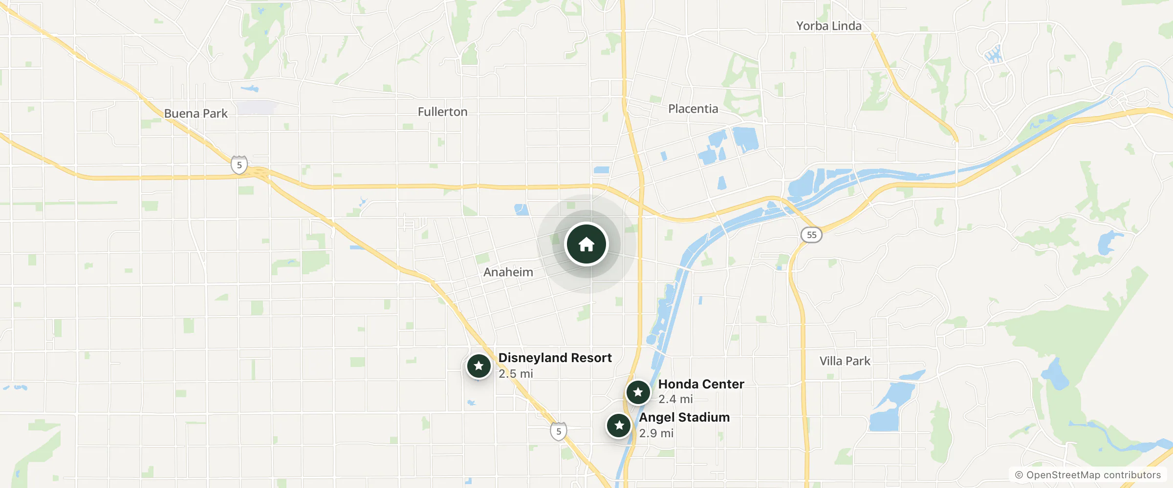 Map of Evergreen Royalle and nearby Honda Center, Disneyland Resort and Angel Stadium