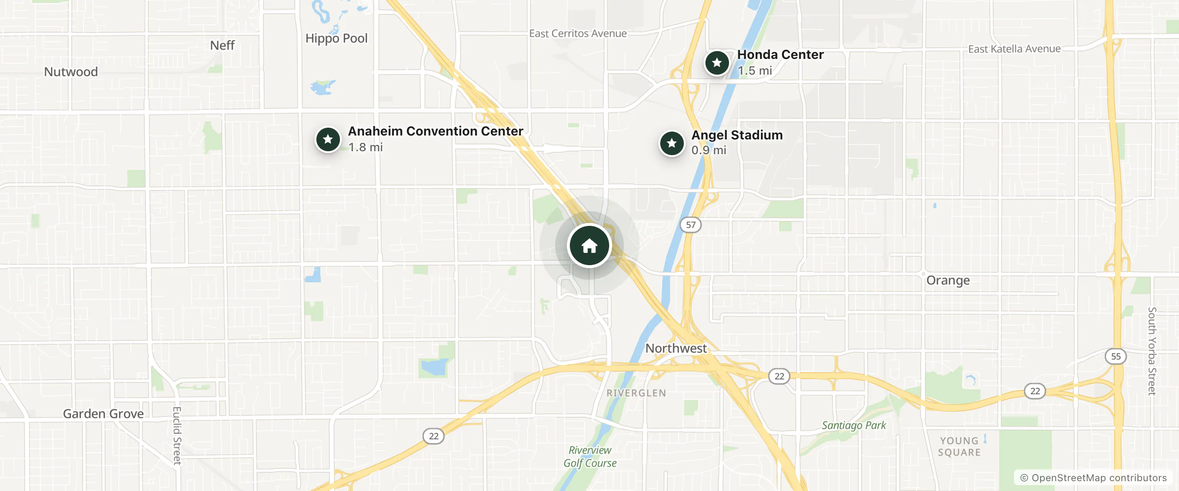 Map of Ayres Hotel Orange and nearby Angel Stadium, Honda Center and Anaheim Convention Center