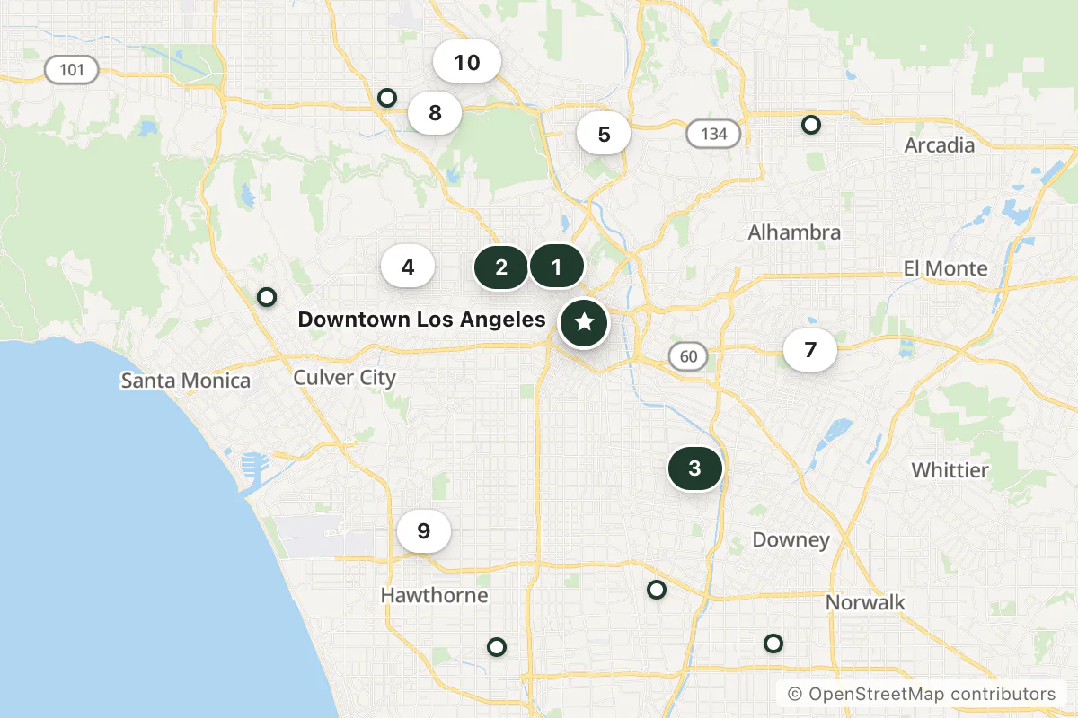 Map of the top 17 hotels for this question around Downtown Los Angeles