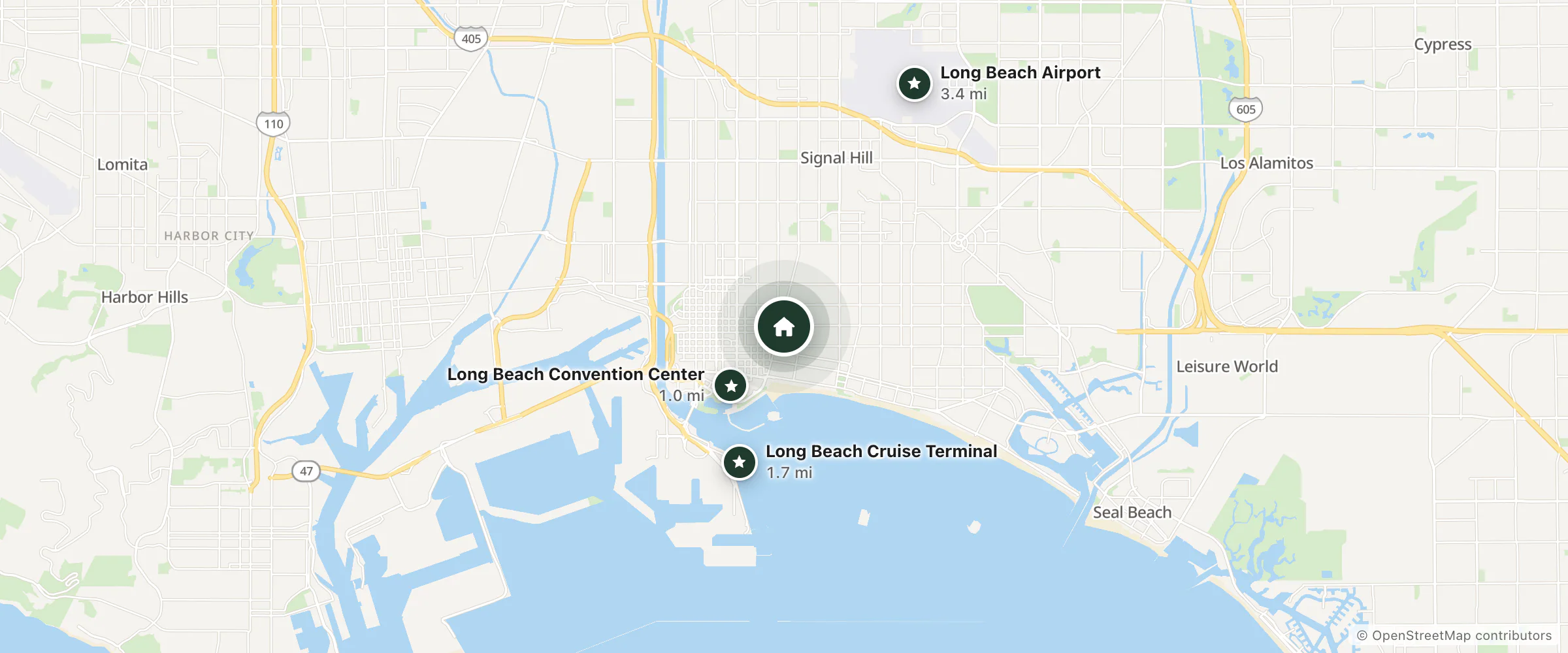 Map of Argonne Motel and nearby Long Beach Convention Center, Long Beach Cruise Terminal and Long Beach Airport