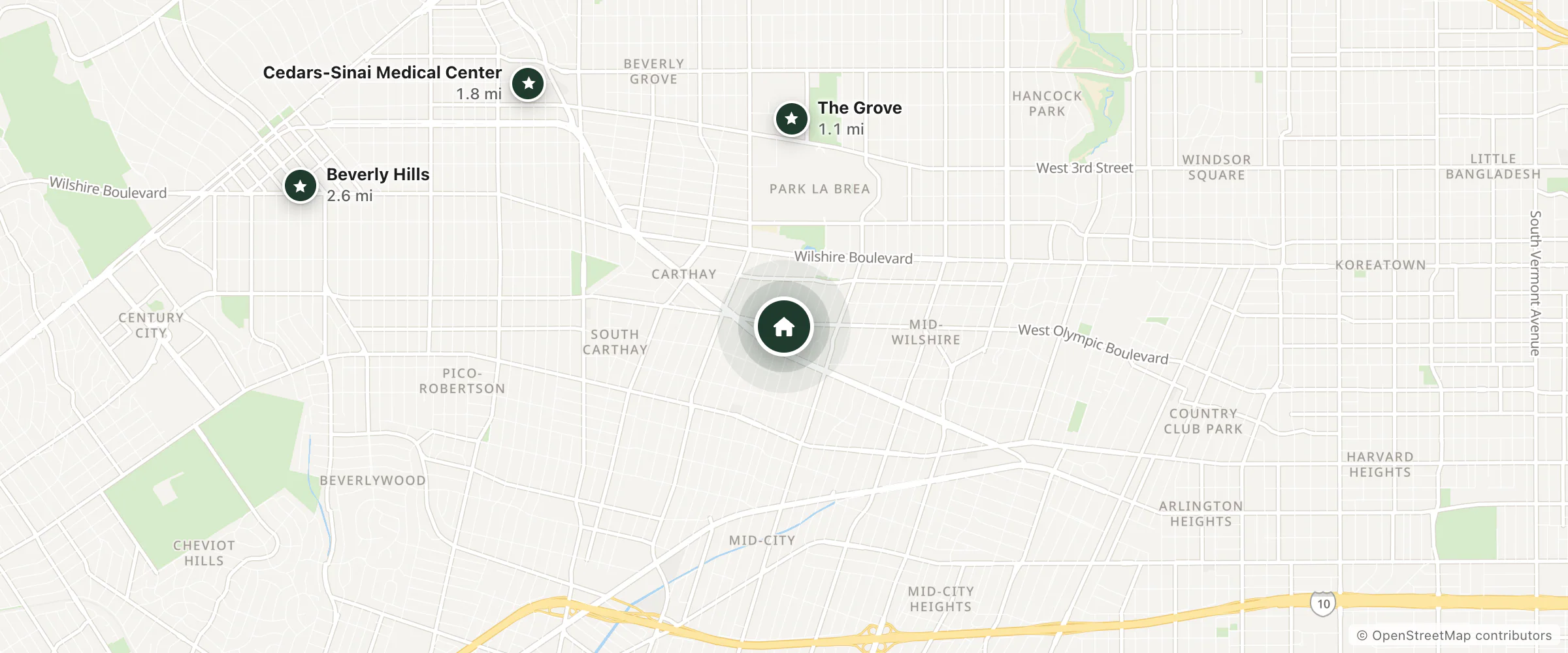 Map of Olympic Motor Lodge and nearby The Grove, Cedars-Sinai Medical Center and Beverly Hills