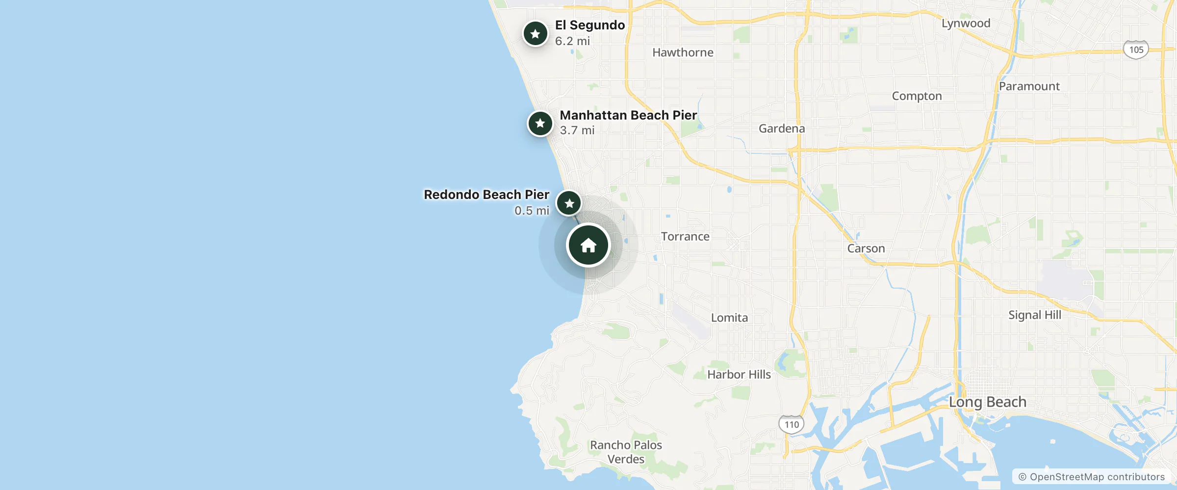 Map of Esplanade BnB and nearby Redondo Beach Pier, Manhattan Beach Pier and El Segundo