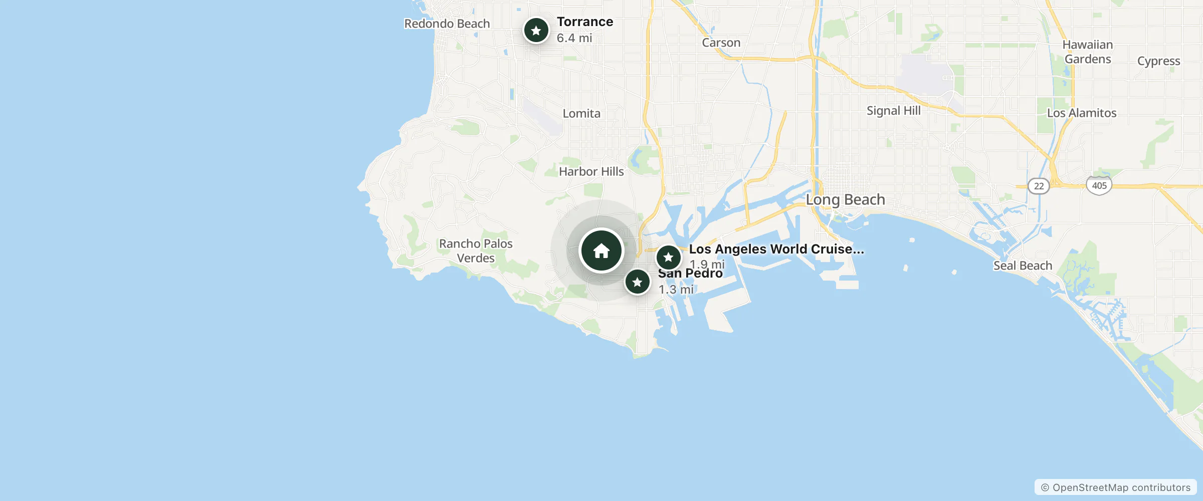 Map of Aq Hotel and nearby San Pedro, Los Angeles World Cruise Center and Torrance