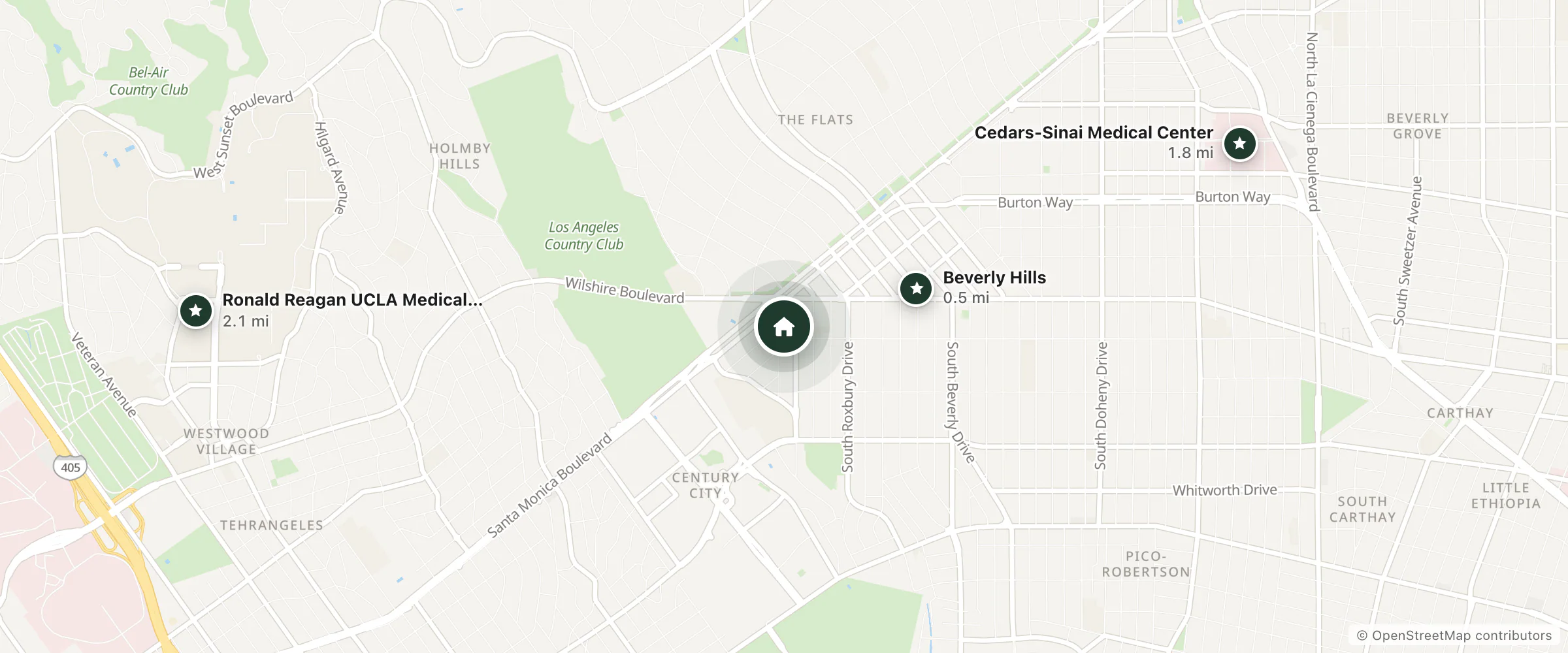 Map of The Hôtel Lili, a Member of Design Hotels™ and nearby Beverly Hills, Cedars-Sinai Medical Center and Ronald Reagan UCLA Medical Center