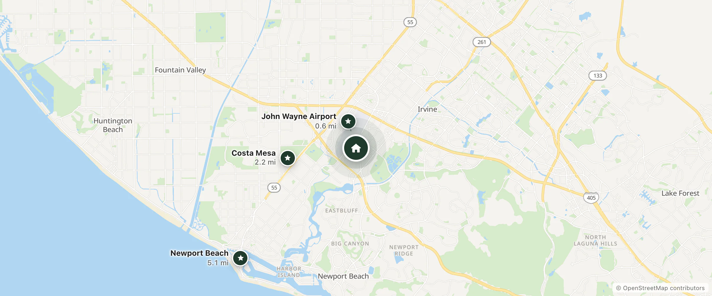 Map of Hyatt Regency John Wayne Airport and nearby John Wayne Airport, Costa Mesa and Newport Beach