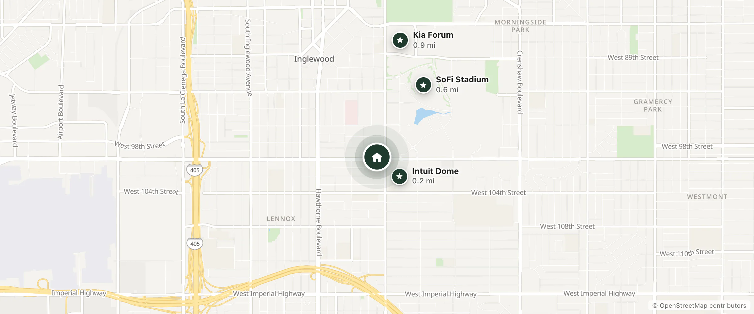 Map of Holly Crest Hotel and nearby Intuit Dome, SoFi Stadium and Kia Forum