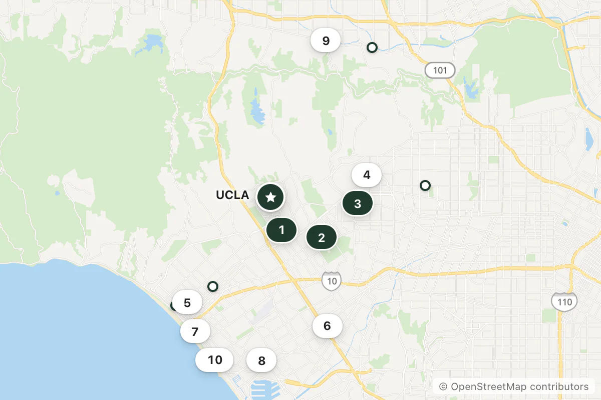 Map of the top 14 hotels for this question around UCLA