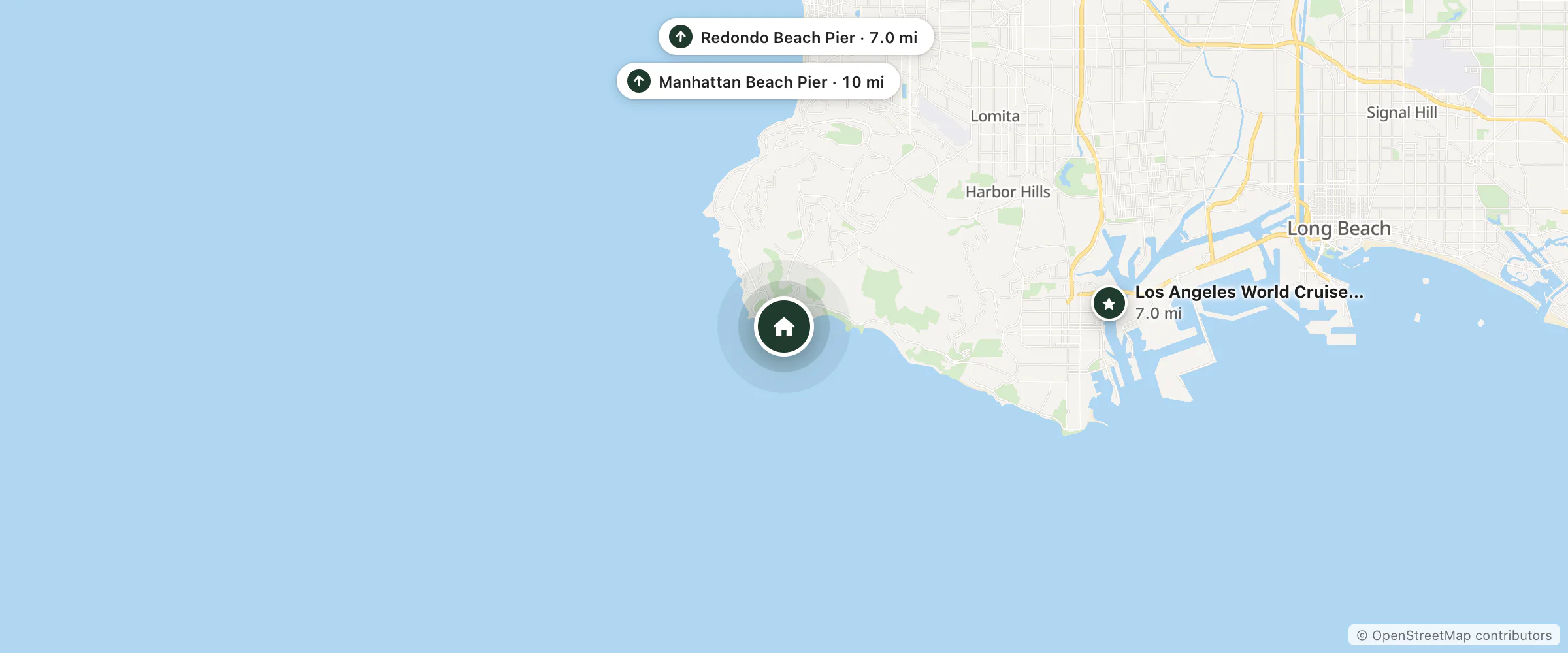 Map of Terranea Resort and nearby Los Angeles World Cruise Center, Redondo Beach Pier and Manhattan Beach Pier
