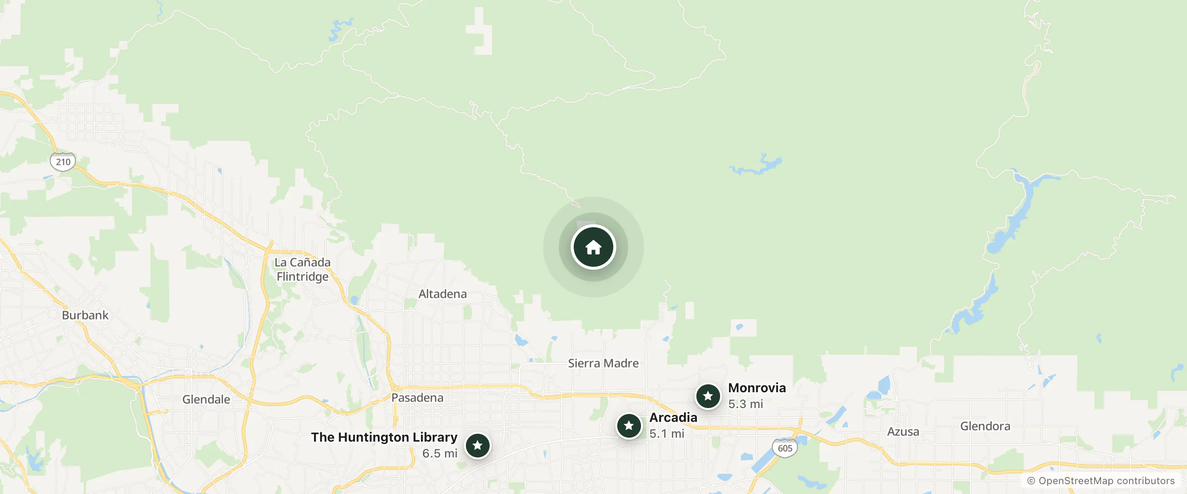 Map of Manzanita Ridge and nearby Arcadia, Monrovia and The Huntington Library