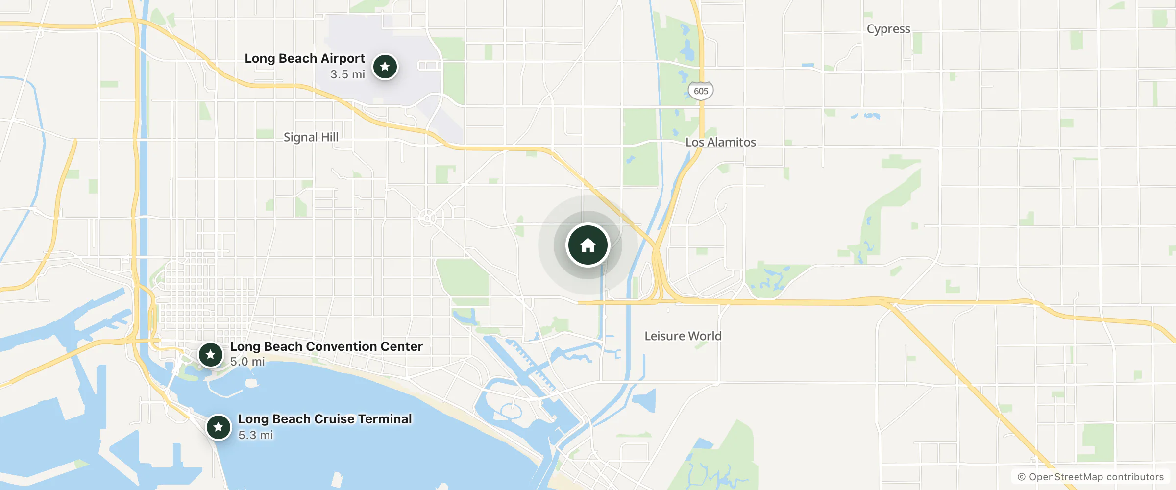 Map of Larson Lodge and nearby Long Beach Airport, Long Beach Convention Center and Long Beach Cruise Terminal