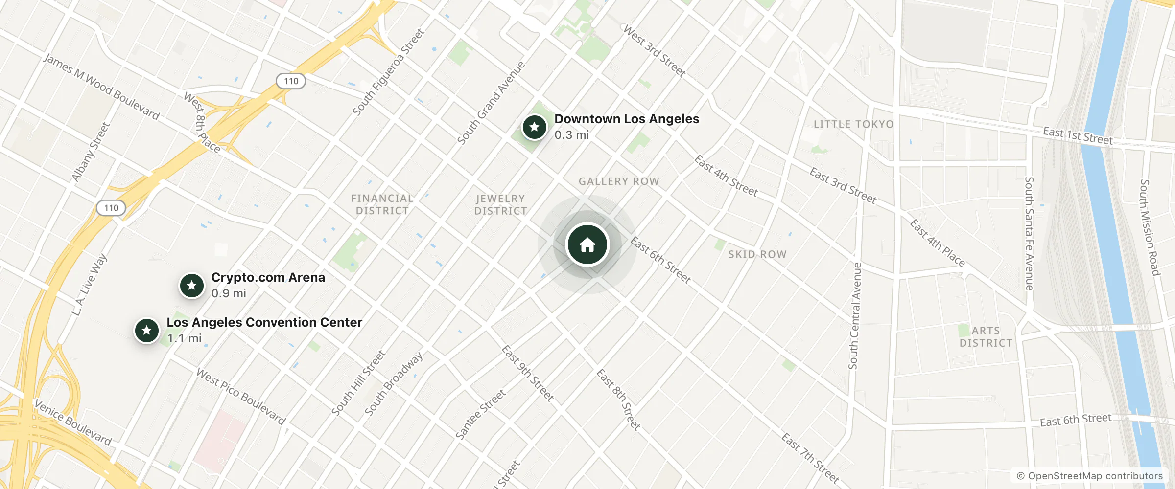 Map of Cecil Hotel and nearby Downtown Los Angeles, Crypto.com Arena and Los Angeles Convention Center