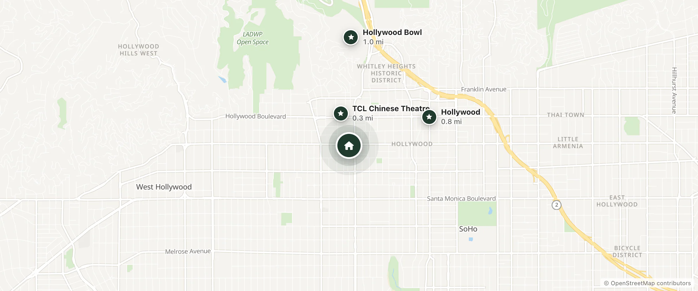Map of Hotel Hwood and nearby TCL Chinese Theatre, Hollywood and Hollywood Bowl