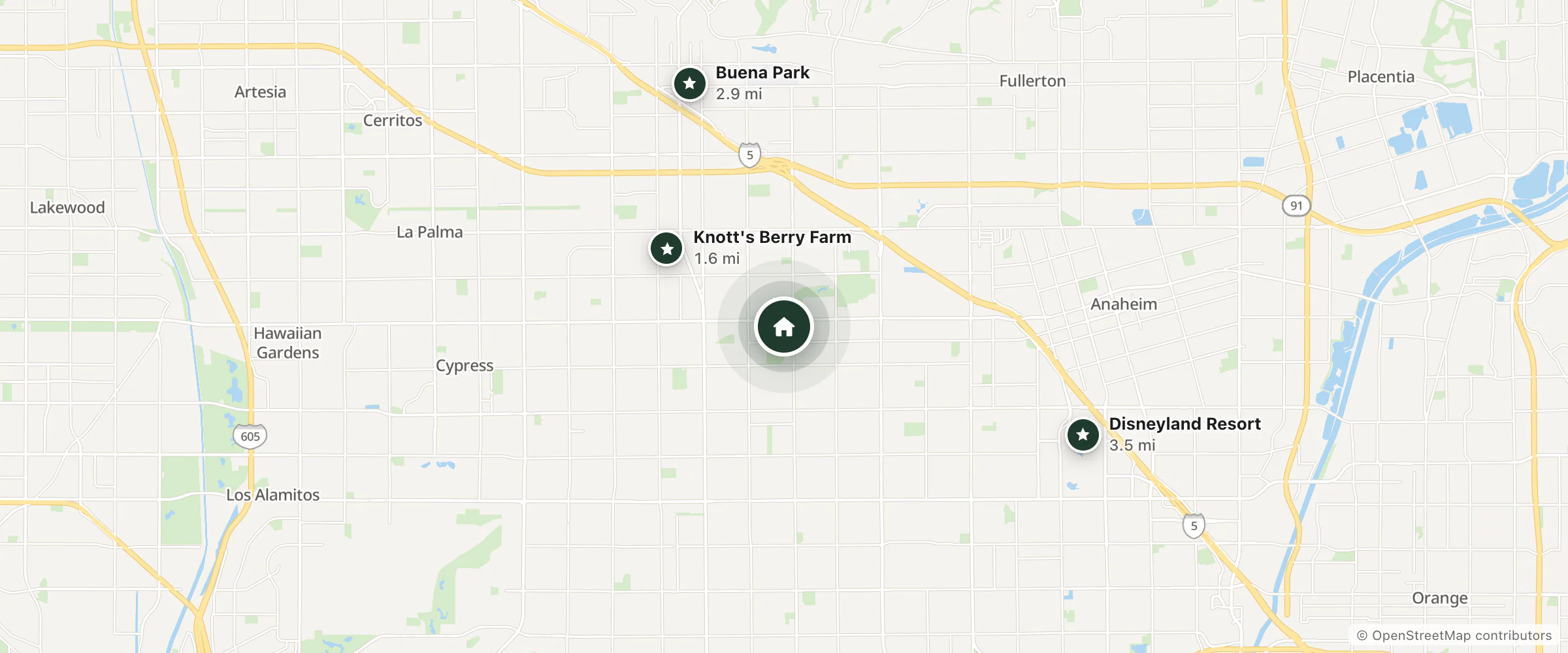 Map of Valencia Inn and nearby Knott's Berry Farm, Buena Park and Disneyland Resort