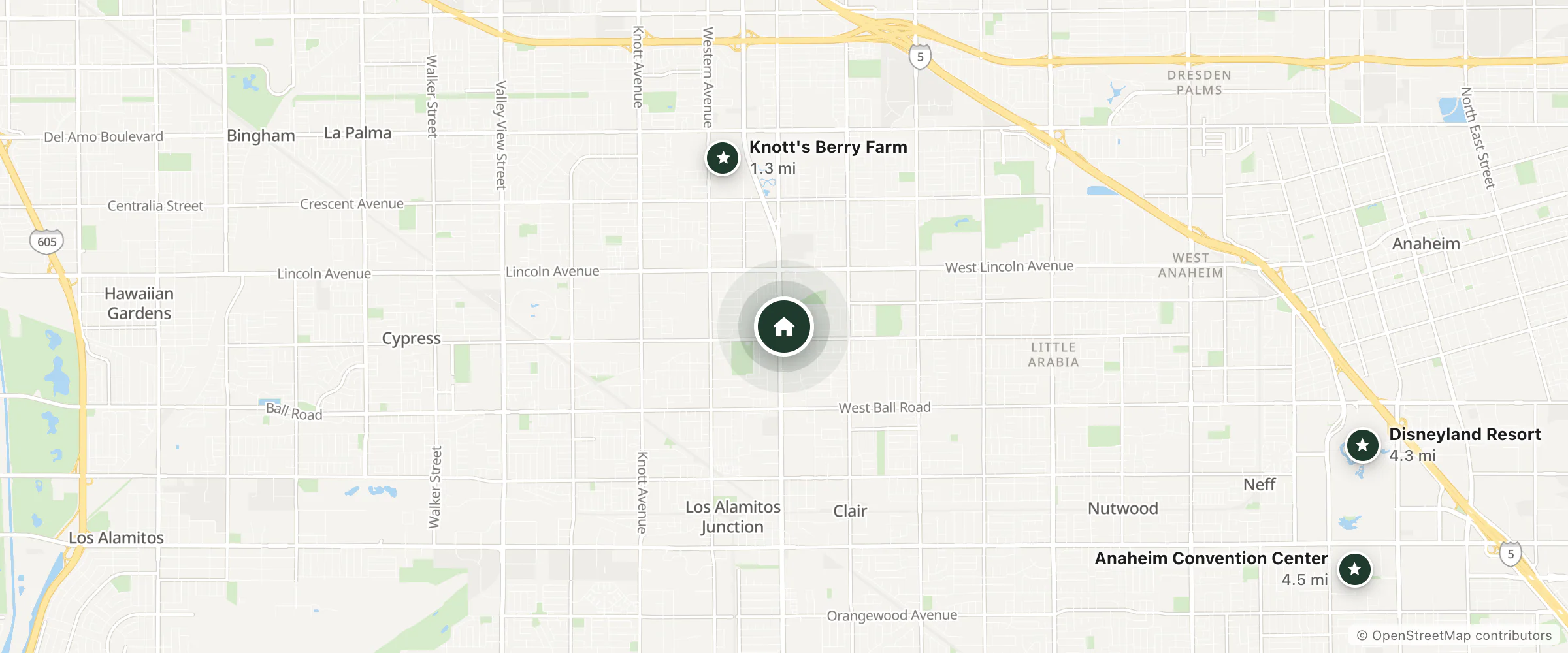 Map of Pacific Inn and nearby Knott's Berry Farm, Disneyland Resort and Anaheim Convention Center