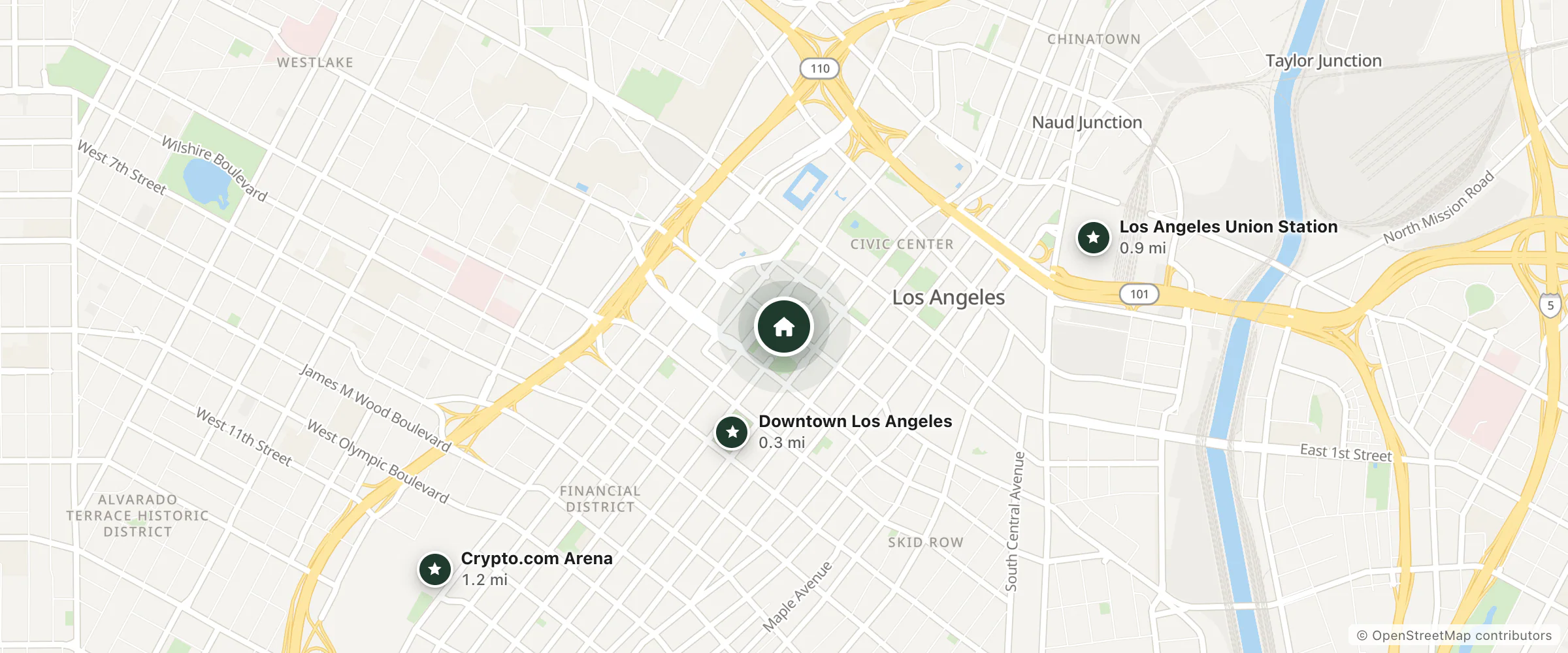 Map of Omni Los Angeles Hotel and nearby Downtown Los Angeles, Los Angeles Union Station and Crypto.com Arena